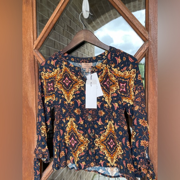 Anthropologie Tops - Kachel X Anthropologie Blue Gold Button Front Tie Sleeve Shirt